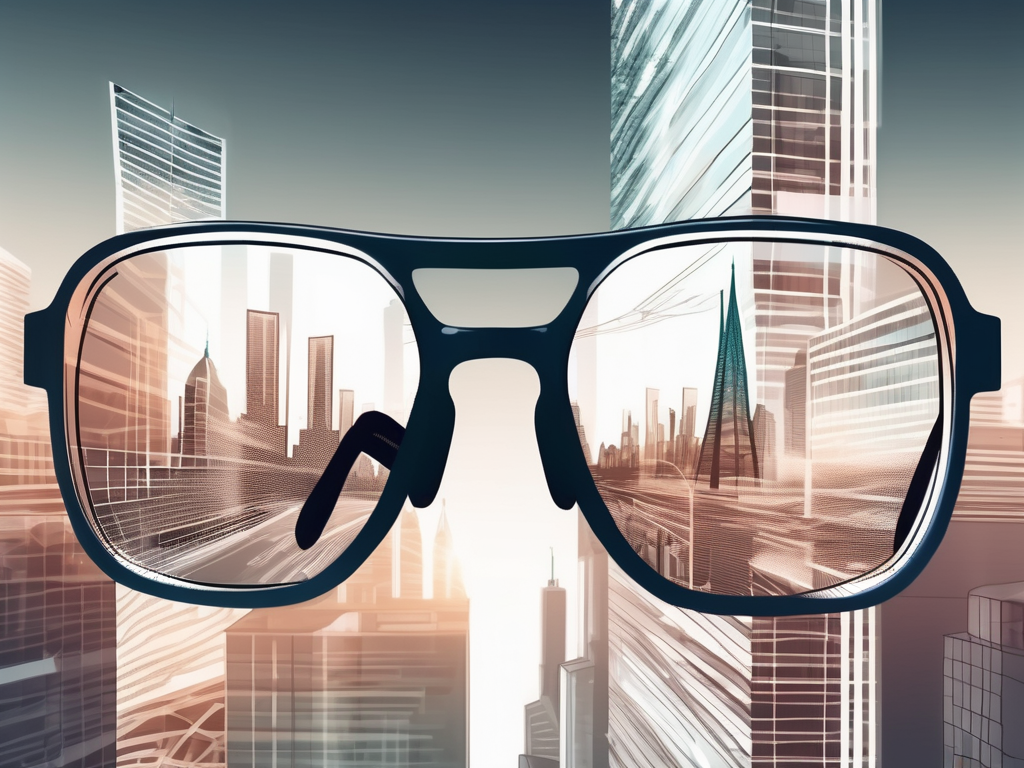 A pair of glasses projecting digital images onto a real-world cityscape