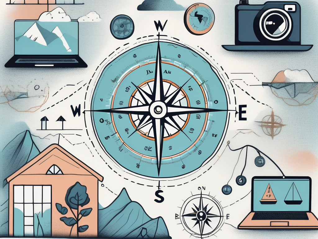 A compass navigating through a sea of various gig economy symbols such as a laptop