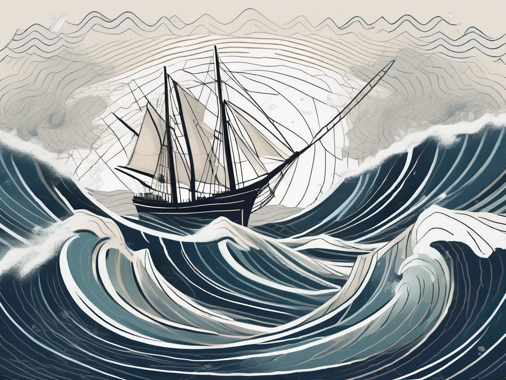 A stormy sea with a compass and a sturdy ship navigating through large waves