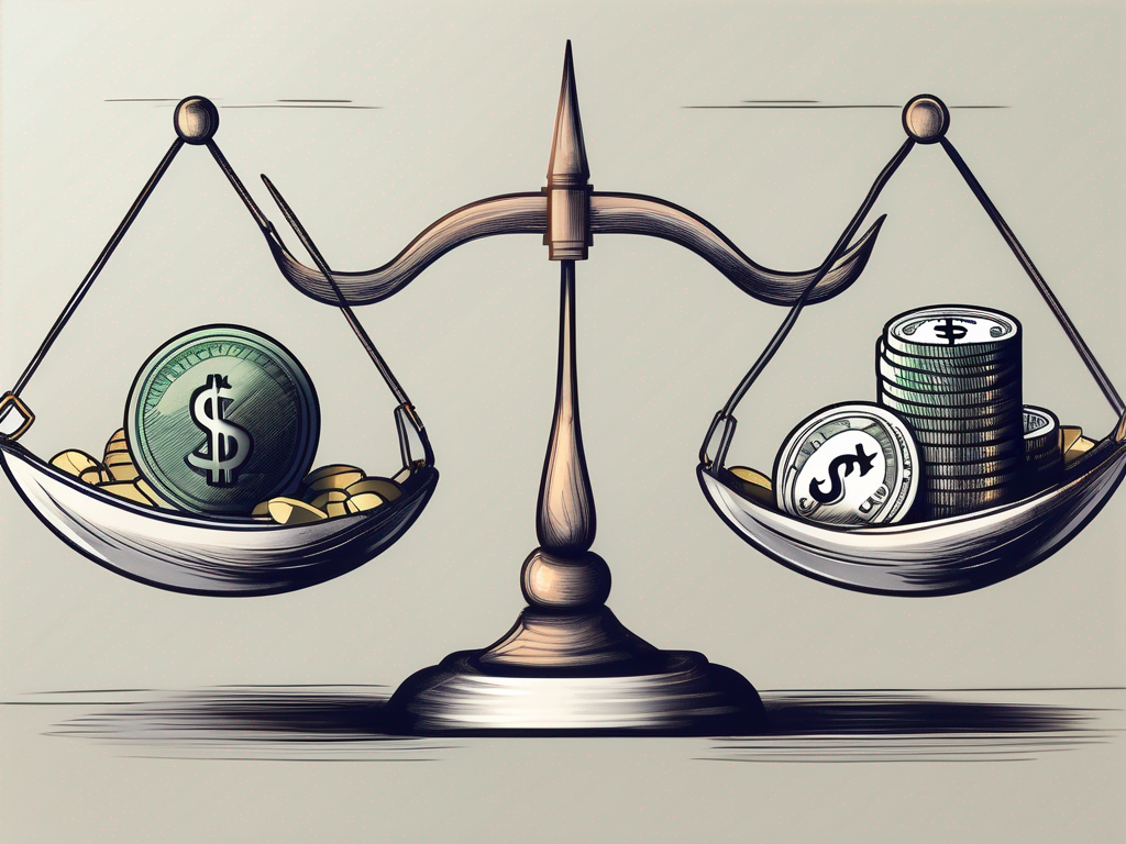 A balanced scale with money on one side and stocks/shares on the other