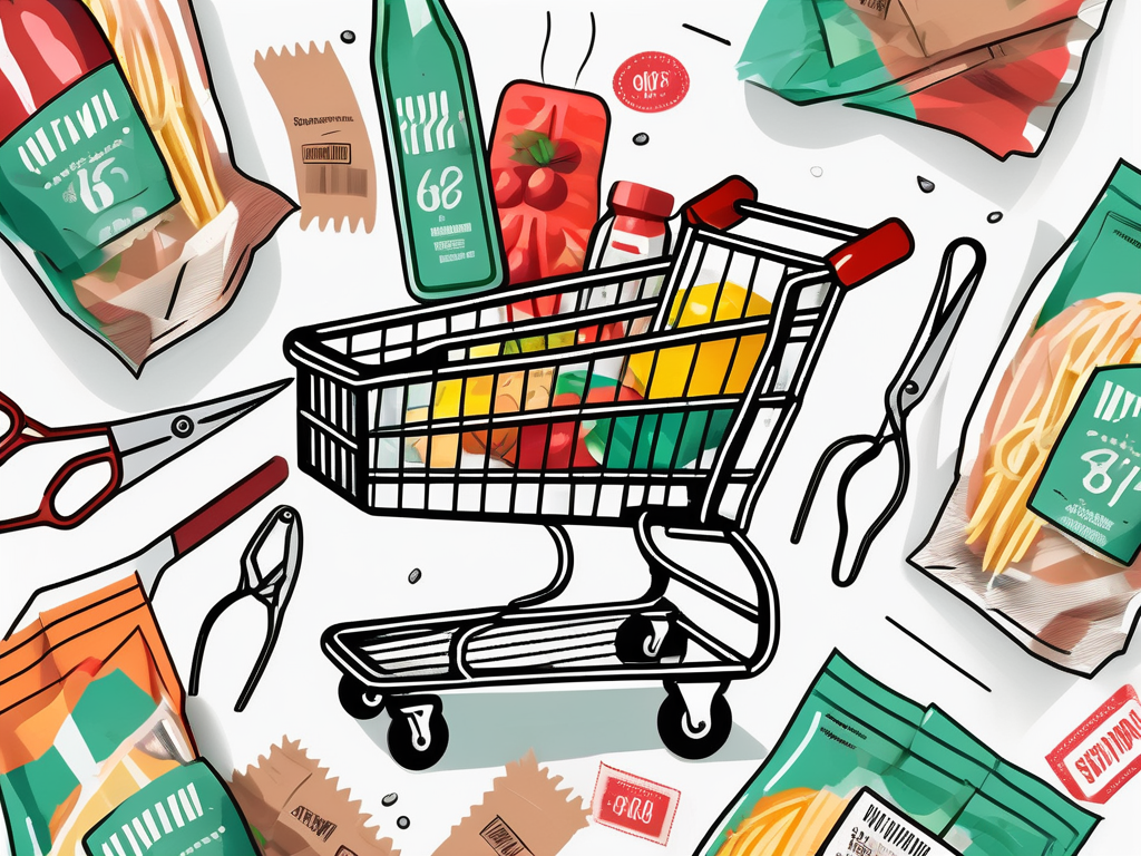 A shopping cart filled with various grocery items